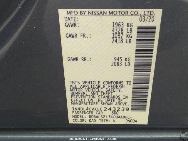 2020 NISSAN ALTIMA SR VIN: 1N4BL4CVXLC243239