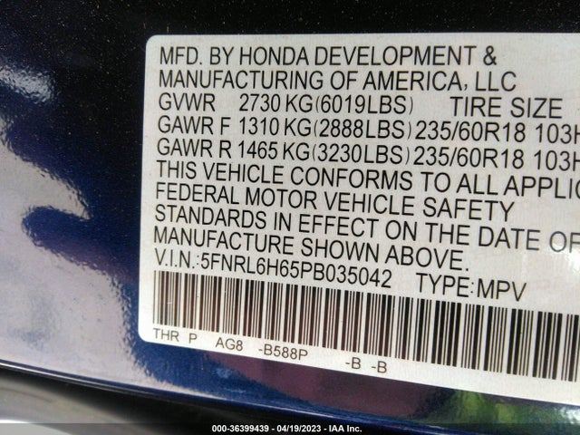 Honda Odyssey Ex-l 2023 5FNRL6H65PB035042 Image 9