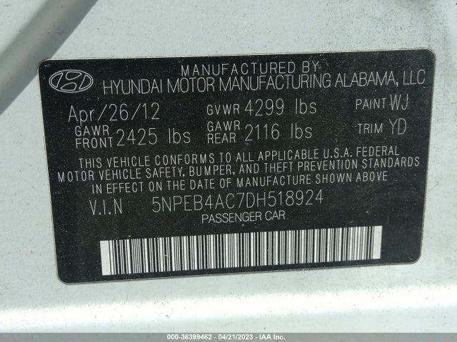 2013 HYUNDAI SONATA GLS PZEV VIN: 5NPEB4AC7DH518924