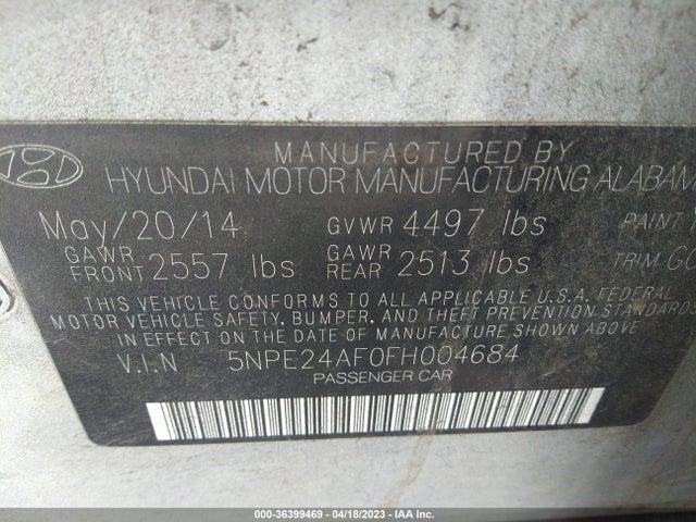 2015 HYUNDAI SONATA 2.4L SE VIN: 5NPE24AF0FH004684