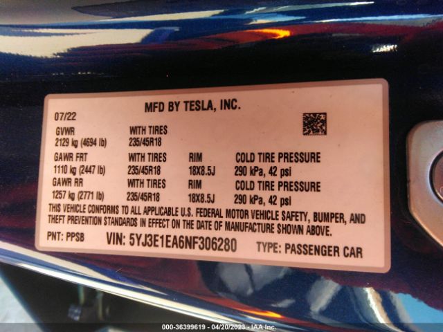 5YJ3E1EA6NF306280 Tesla MODEL 3
