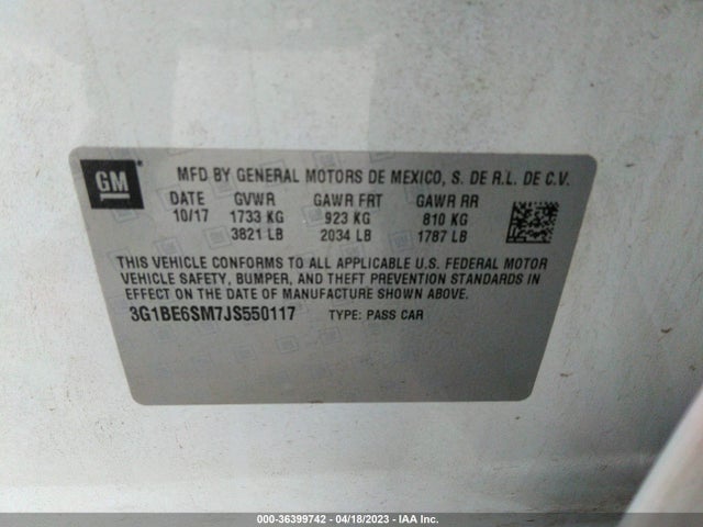 2018 CHEVROLET CRUZE LT VIN: 3G1BE6SM7JS550117