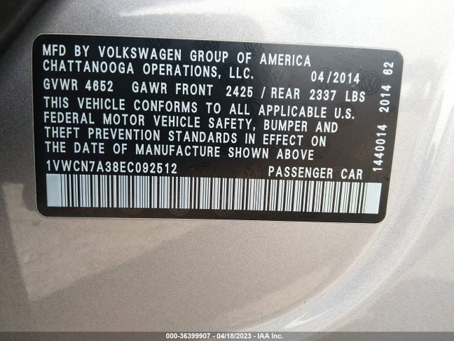 1VWCN7A38EC092512 Volkswagen Passat Tdi Sel Premium