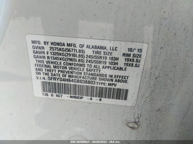 5FRYD4H64GB038803 Acura Mdx W/tech/entertainment/w