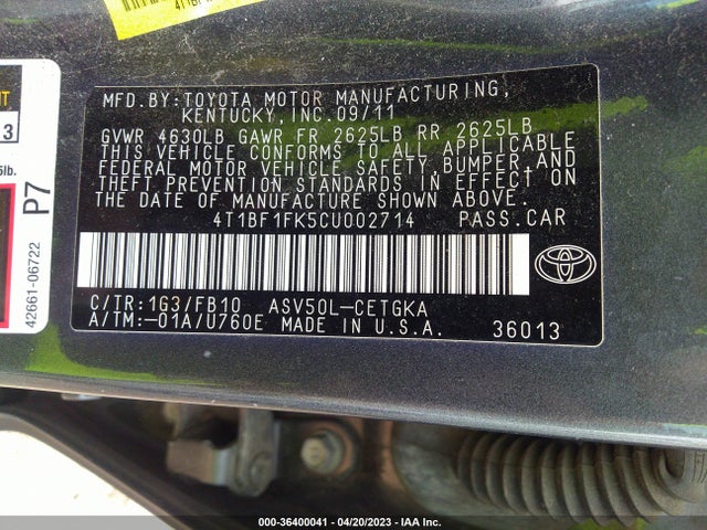 2012 TOYOTA CAMRY L/LE/SE/XLE VIN: 4T1BF1FK5CU002714