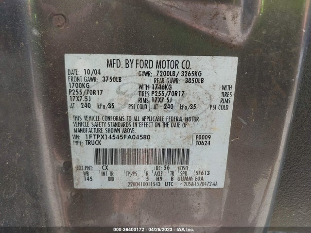 2005 FORD F-150 XLT/FX4/LARIAT/XL VIN: 1FTPX14545FA04580