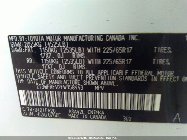 2015 TOYOTA RAV4 XLE VIN: 2T3WFREV2FW158443