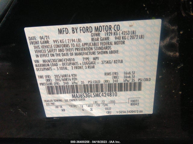 2021 FORD ECOSPORT SE VIN: MAJ6S3GL5MC424810