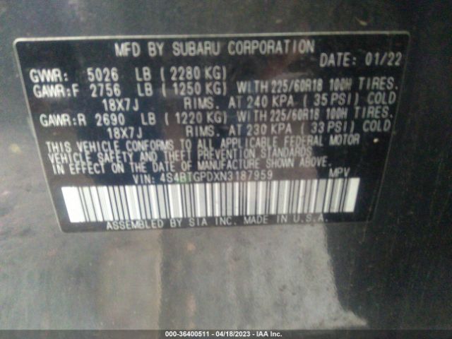 4S4BTGPDXN3187959 Subaru Outback Touring Xt