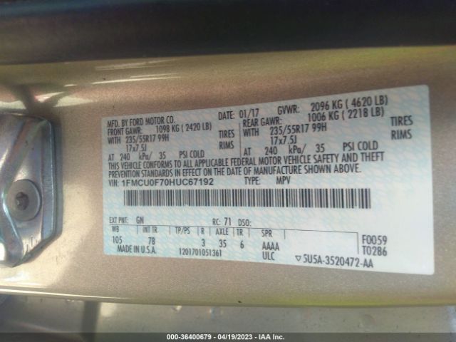 1FMCU0F70HUC67192 Ford ESCAPE S