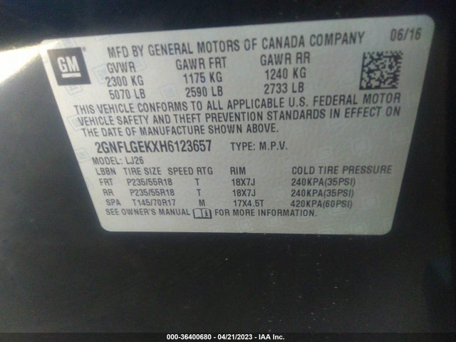 2017 CHEVROLET EQUINOX PREMIER VIN: 2GNFLGEKXH6123657