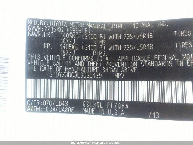 Toyota Sienna Xle Auto Access 2020 5TDYZ3DC3LS030139 Image 9