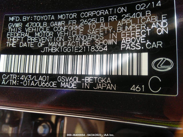 JTHBK1GG1E2118354 Lexus ES 350