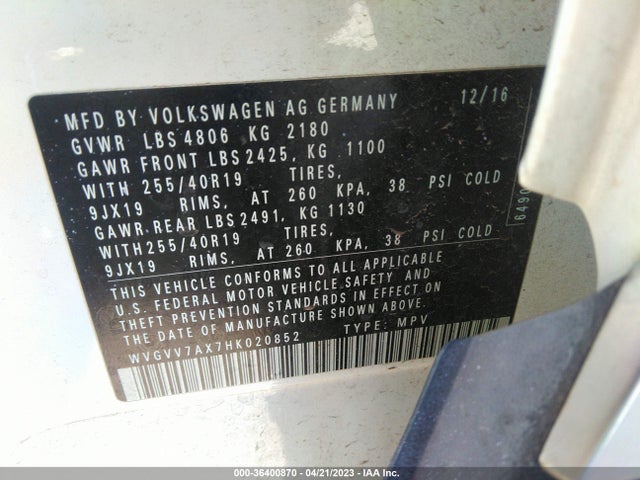 WVGVV7AX7HK020852 Volkswagen Tiguan Sel