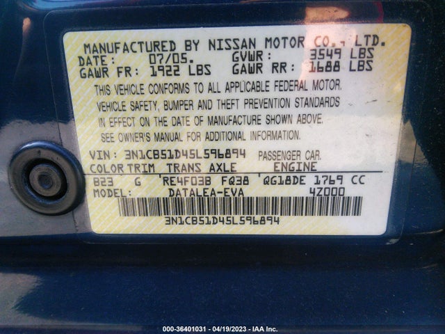 2005 NISSAN SENTRA 1.8 S VIN: 3N1CB51D45L596894