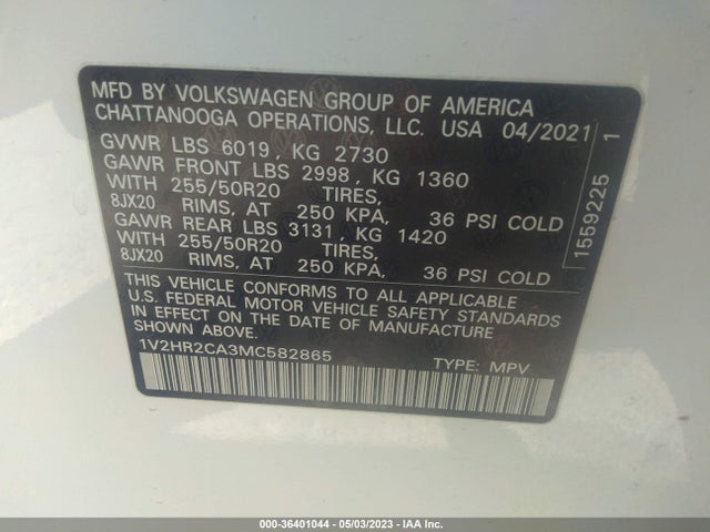 1V2HR2CA3MC582865 Volkswagen Atlas 3.6l V6 Se W/technology