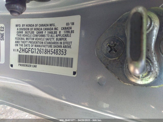 2008 HONDA CIVIC CPE LX VIN: 2HGFG12618H548353