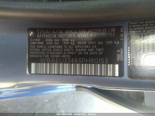 2003 BMW 3 SERIES 325XI VIN: WBAEU33483PH90153