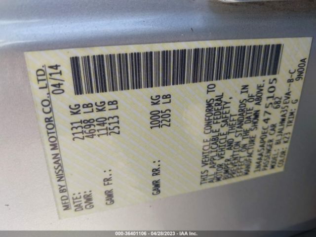 1N4AA5AP0EC475105 Nissan Maxima 3.5 Sv W/premium Pkg