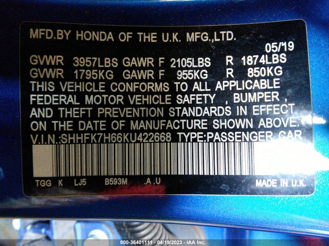 Honda Civic Hatchback Ex 2019 SHHFK7H66KU422668 Image 9