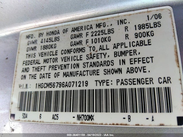 2006 HONDA ACCORD SDN EX/EX-L WITH NAVI VIN: 1HGCM56796A071219