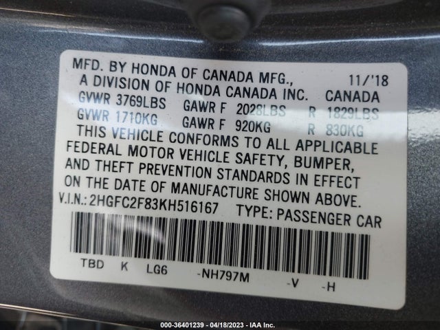 2019 HONDA CIVIC SEDAN SPORT VIN: 2HGFC2F83KH516167
