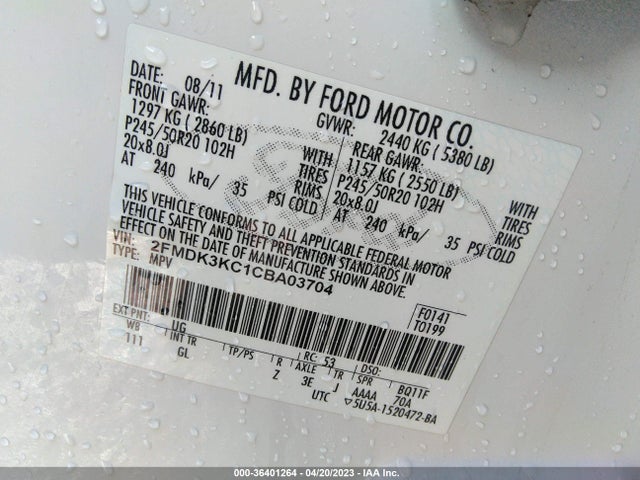 2012 FORD EDGE LIMITED VIN: 2FMDK3KC1CBA03704