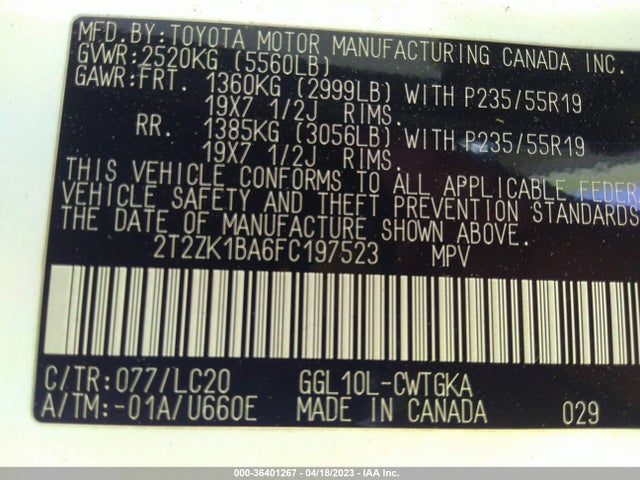2T2ZK1BA6FC197523 Lexus RX 350