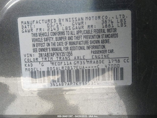 2019 NISSAN SENTRA SR VIN: 3N1AB7AP7KY351356
