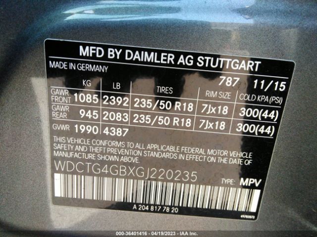 WDCTG4GBXGJ220235 Mercedes-Benz Gla Gla 250