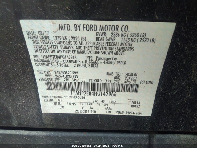 Ford TAURUS SEL 2017 1FAHP2E84HG142966 Image 9