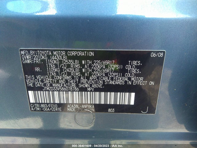 2008 TOYOTA RAV4 VIN: JTMZD33V586078786