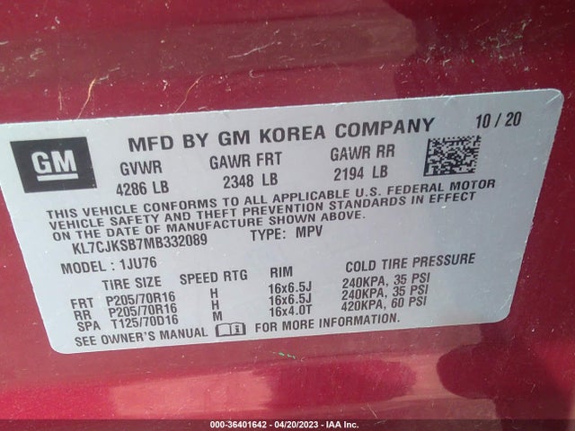 Chevrolet TRAX LS 2021 KL7CJKSB7MB332089 Image 9