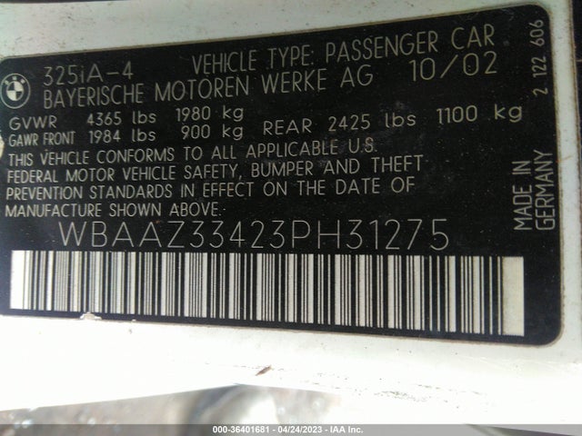 2003 BMW 3 SERIES 325I VIN: WBAAZ33423PH31275