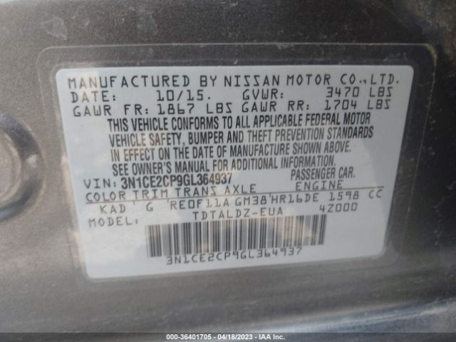 3N1CE2CP9GL364937 Nissan Versa Note S/s Plus/sv/sr/sl