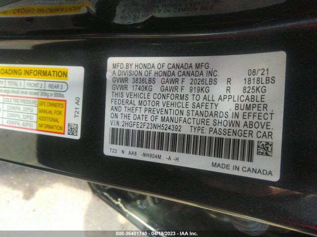 Honda Civic Sedan Lx 2022 2HGFE2F23NH524392 Image 10