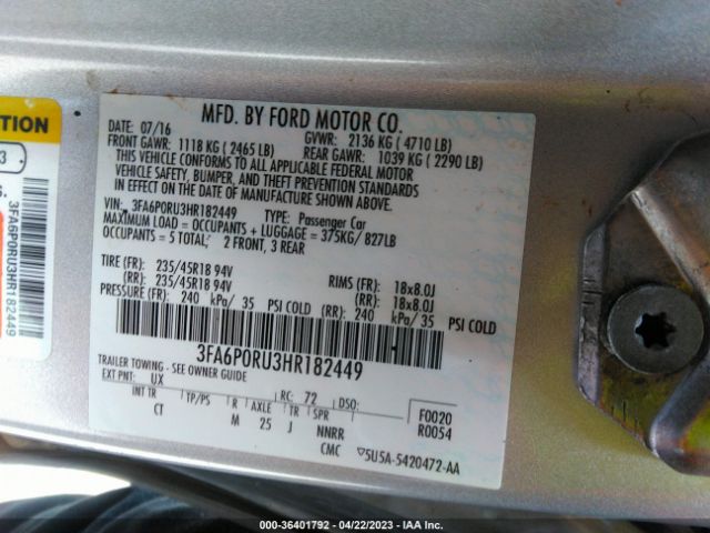 3FA6P0RU3HR182449 Ford FUSION HYBRID