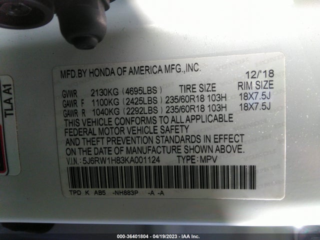 Honda Cr-v Ex-l 2019 5J6RW1H83KA001124 Image 10