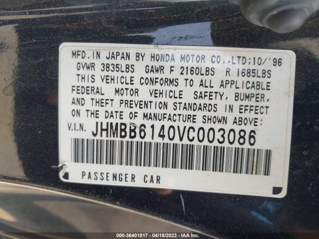 1997 HONDA PRELUDE VIN: JHMBB6140VC003086