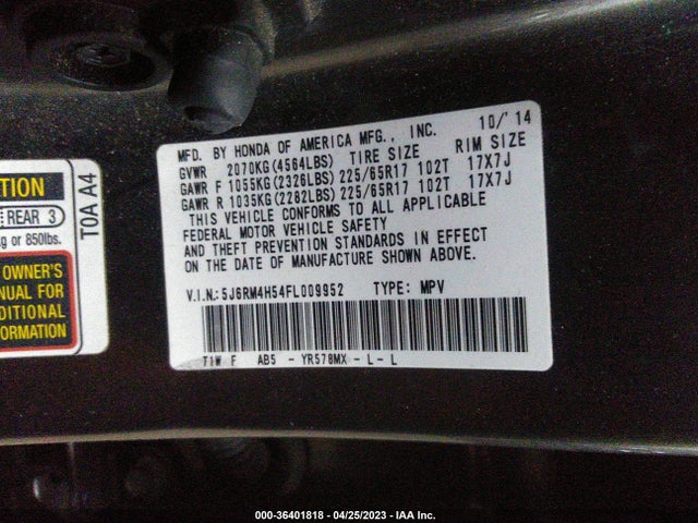 Honda CR-V EX 2015 5J6RM4H54FL009952 Image 9