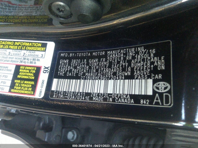 2016 TOYOTA COROLLA L/LE/S/S PLUS/LE PLUS VIN: 2T1BURHE9GC720494