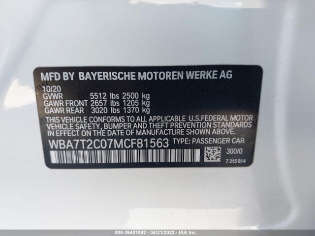2021 BMW 7 Series, VIN: WBA7T2C07MCF81563