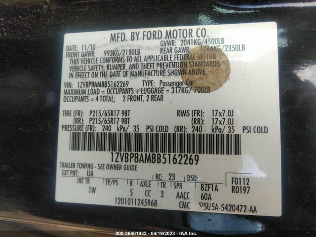 2011 FORD MUSTANG V6 VIN: 1ZVBP8AM8B5162269