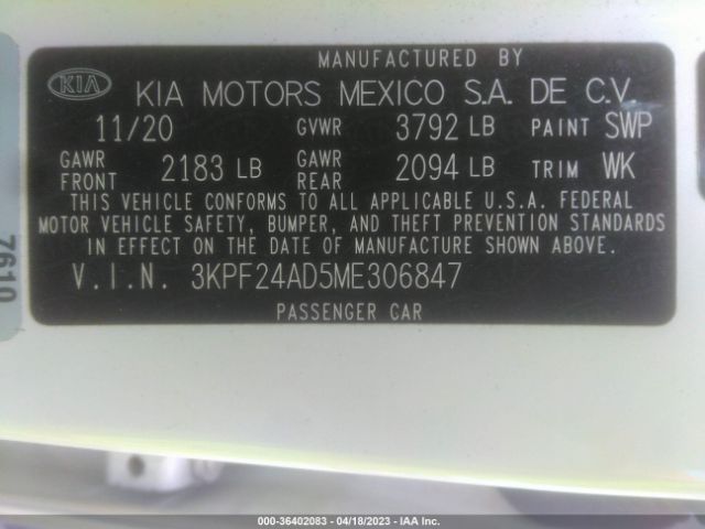 3KPF24AD5ME306847 KIA Forte Lxs
