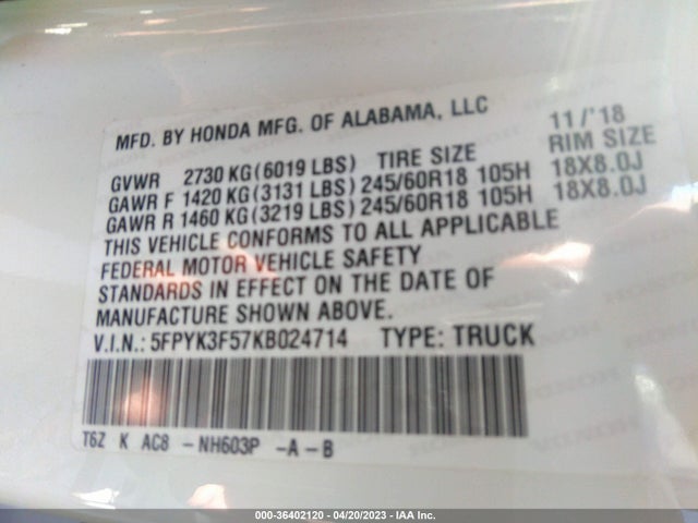Honda Ridgeline Rtl 2019 5FPYK3F57KB024714 Image 9