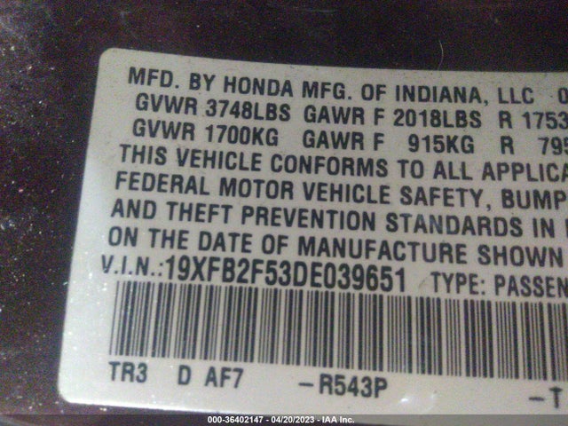 2013 HONDA CIVIC SDN LX VIN: 19XFB2F53DE039651
