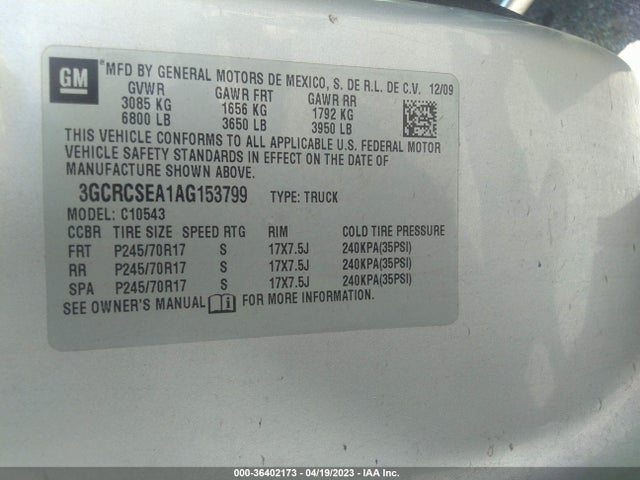 2010 CHEVROLET SILVERADO 1500 LT VIN: 3GCRCSEA1AG153799