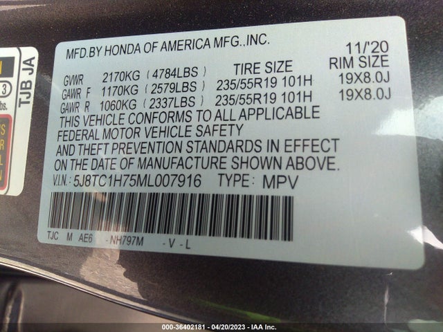 2021 ACURA RDX W/ADVANCE PACKAGE VIN: 5J8TC1H75ML007916