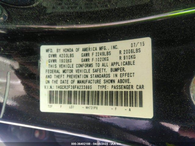 Honda ACCORD LX 2015 1HGCR2F36FA233885 Image 9
