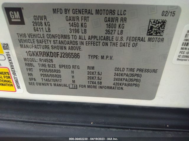 1GKKRRKD0FJ286586 GMC ACADIA SLT